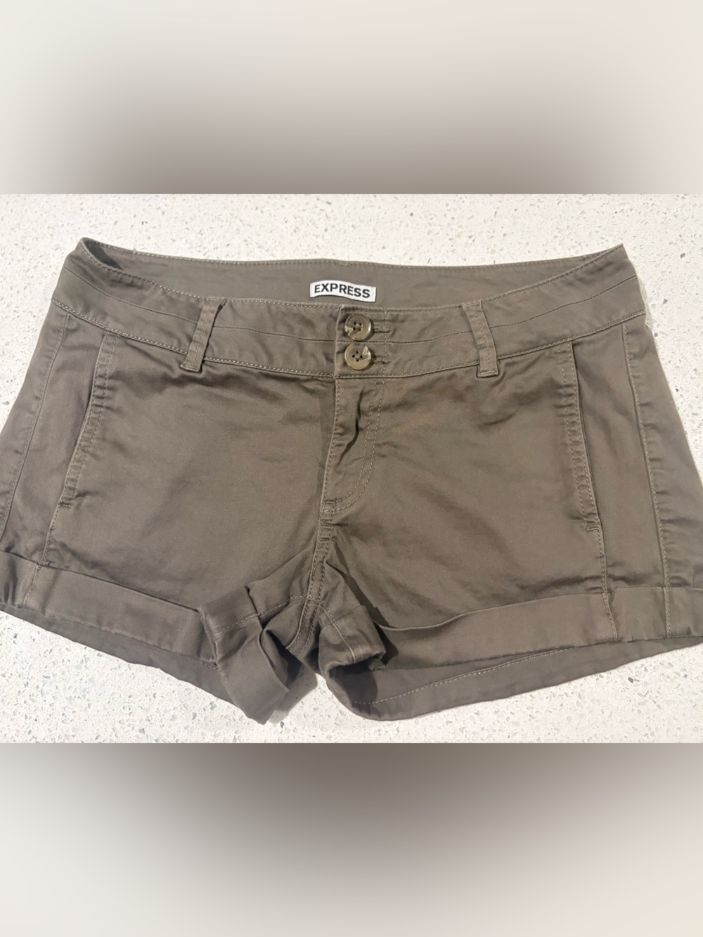 Express Cuffed Twill Chino Shorts Double Button Olive Brown 4